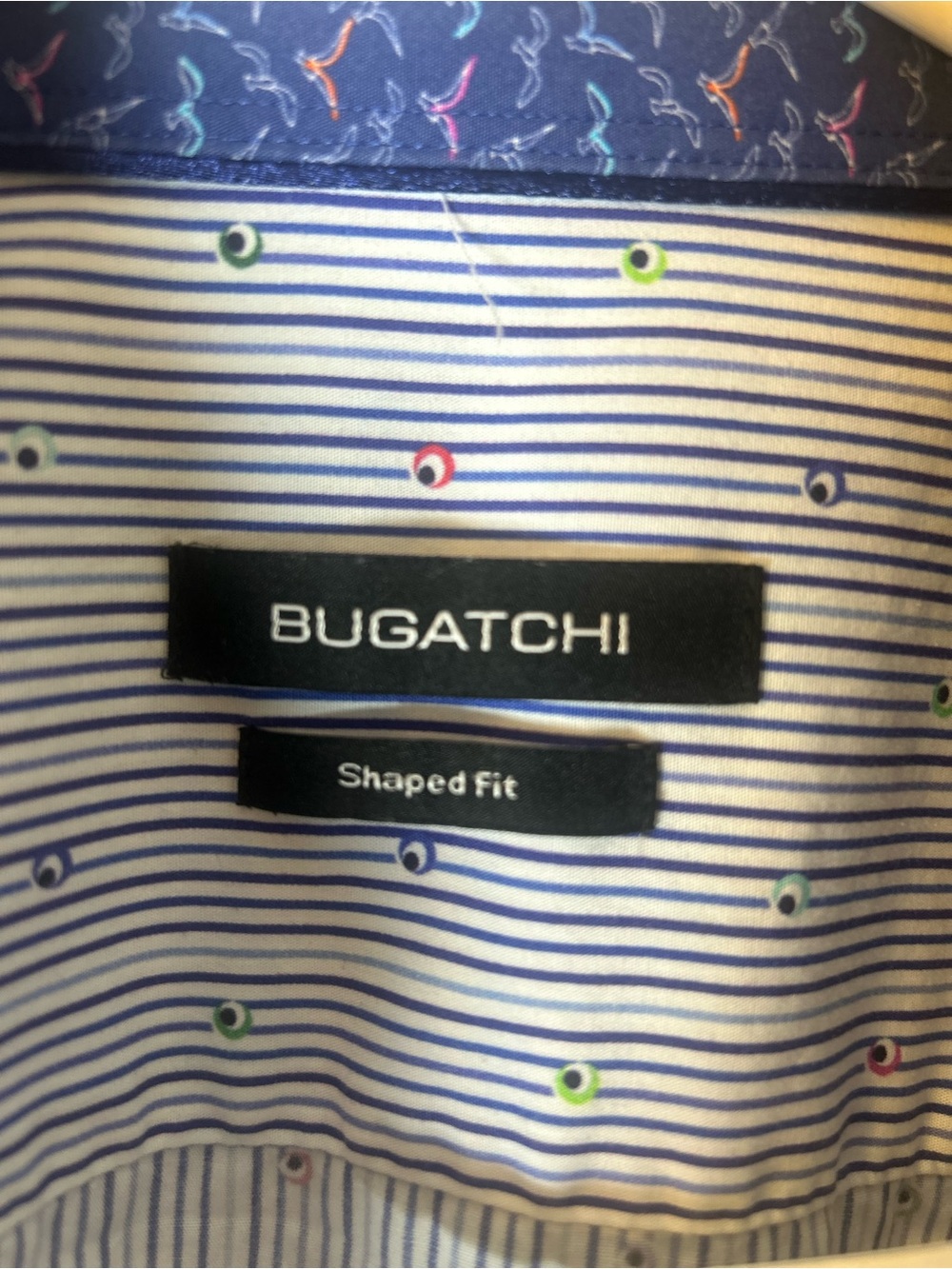 Bugatchi Blue and White Striped Shirt with Multicolor Dot Accents Size L